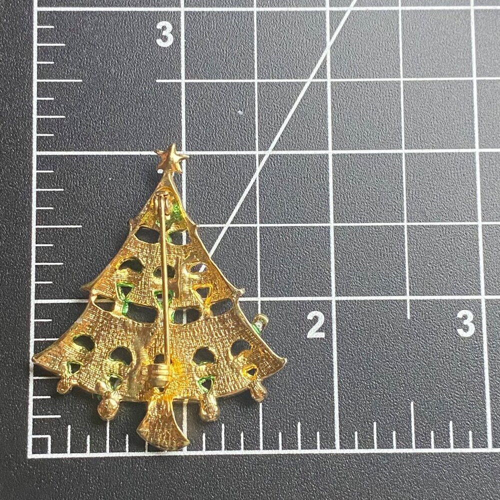 Vintage Gold Green Christmas Tree Brooch Rhinestone Ornaments Star Topper - Picture 3 of 7